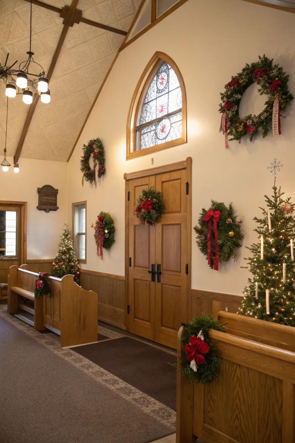 Seasonal decorations that bring a revitalizing mood to the church entrance.
