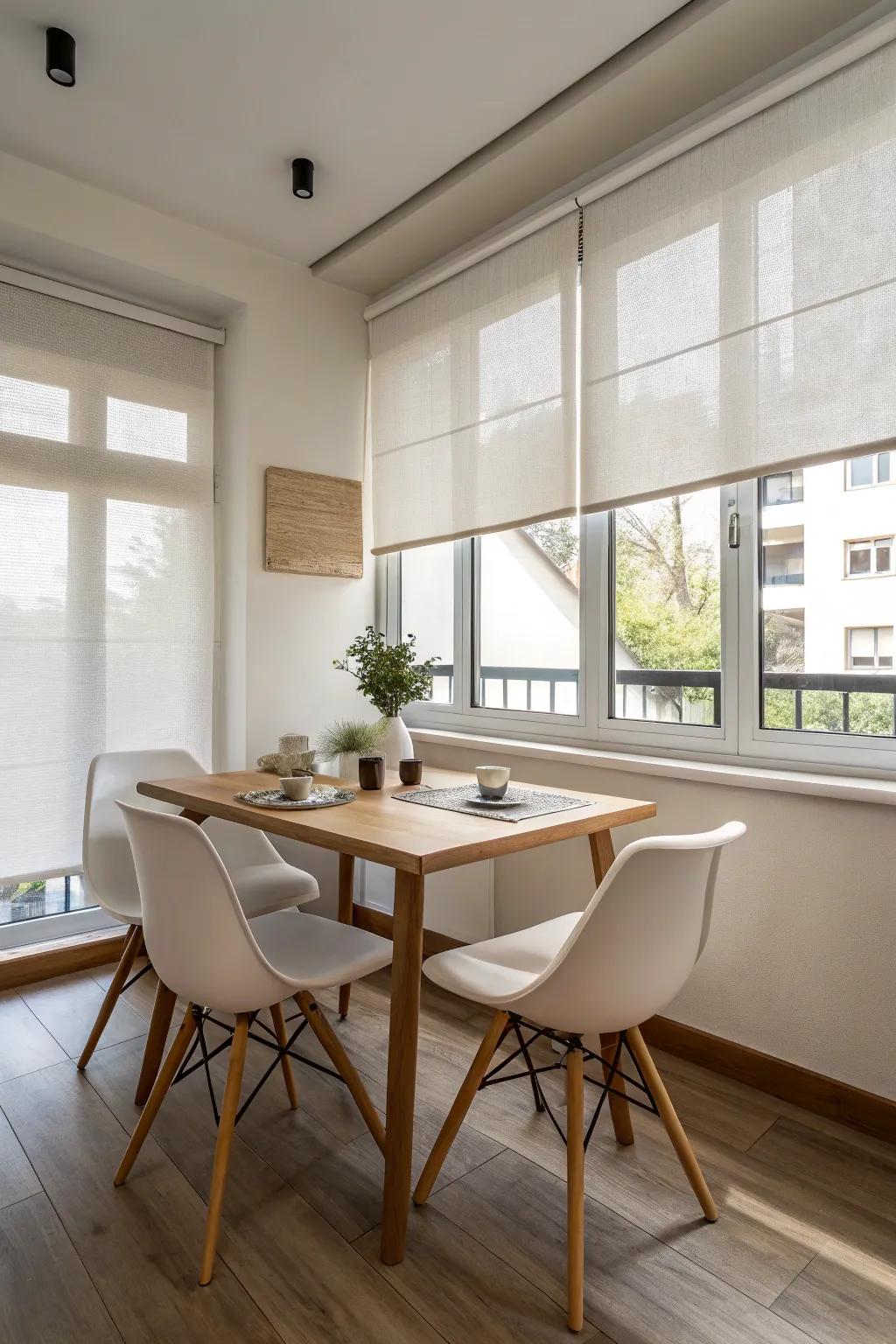 Roller shades provide a clean and minimalist aesthetic.