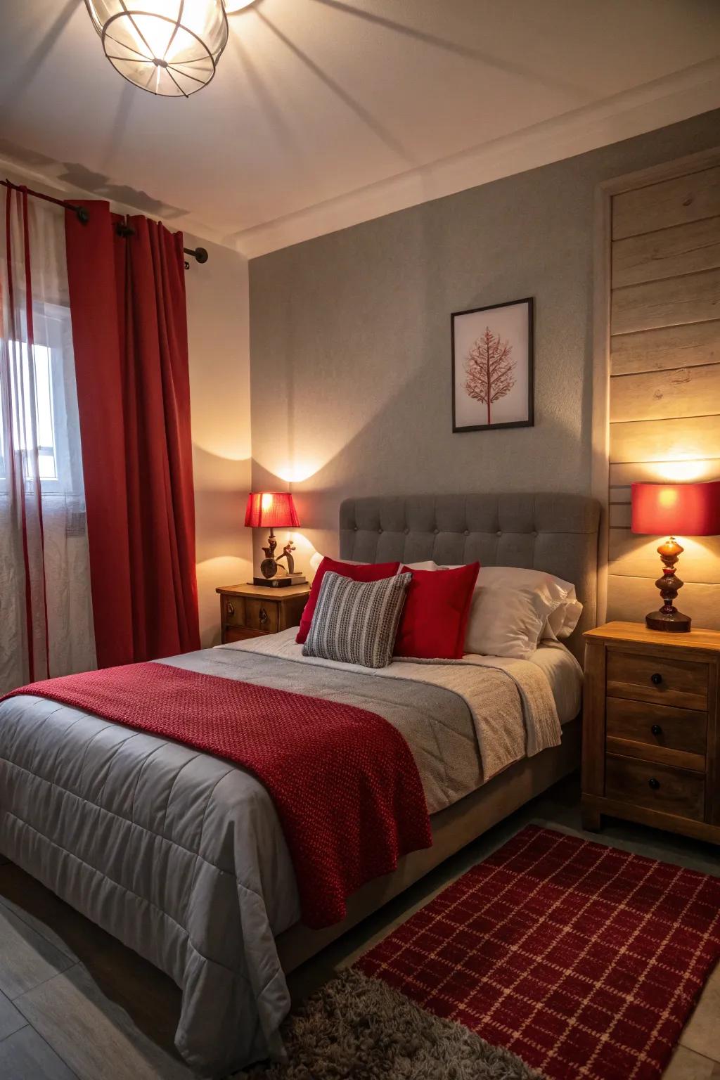 Soft lighting in a small bedroom enhances the cozy ambiance of red and grey tones.