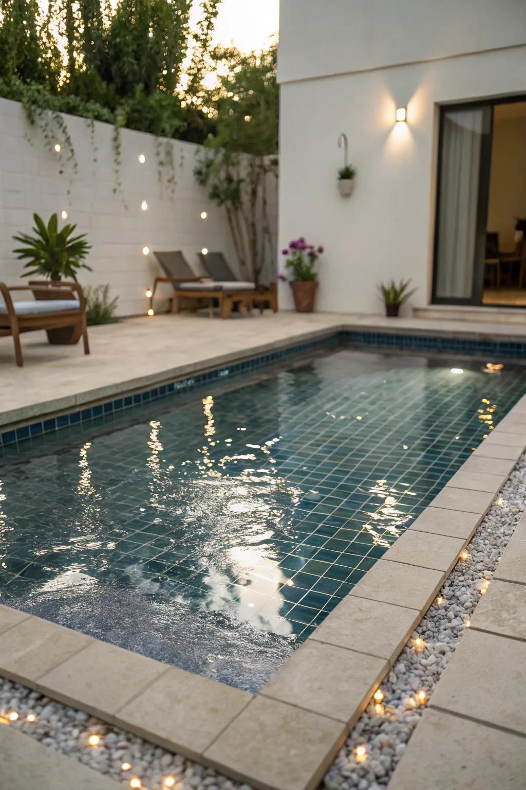 Shimmering tiles adding sparkle to small pools.