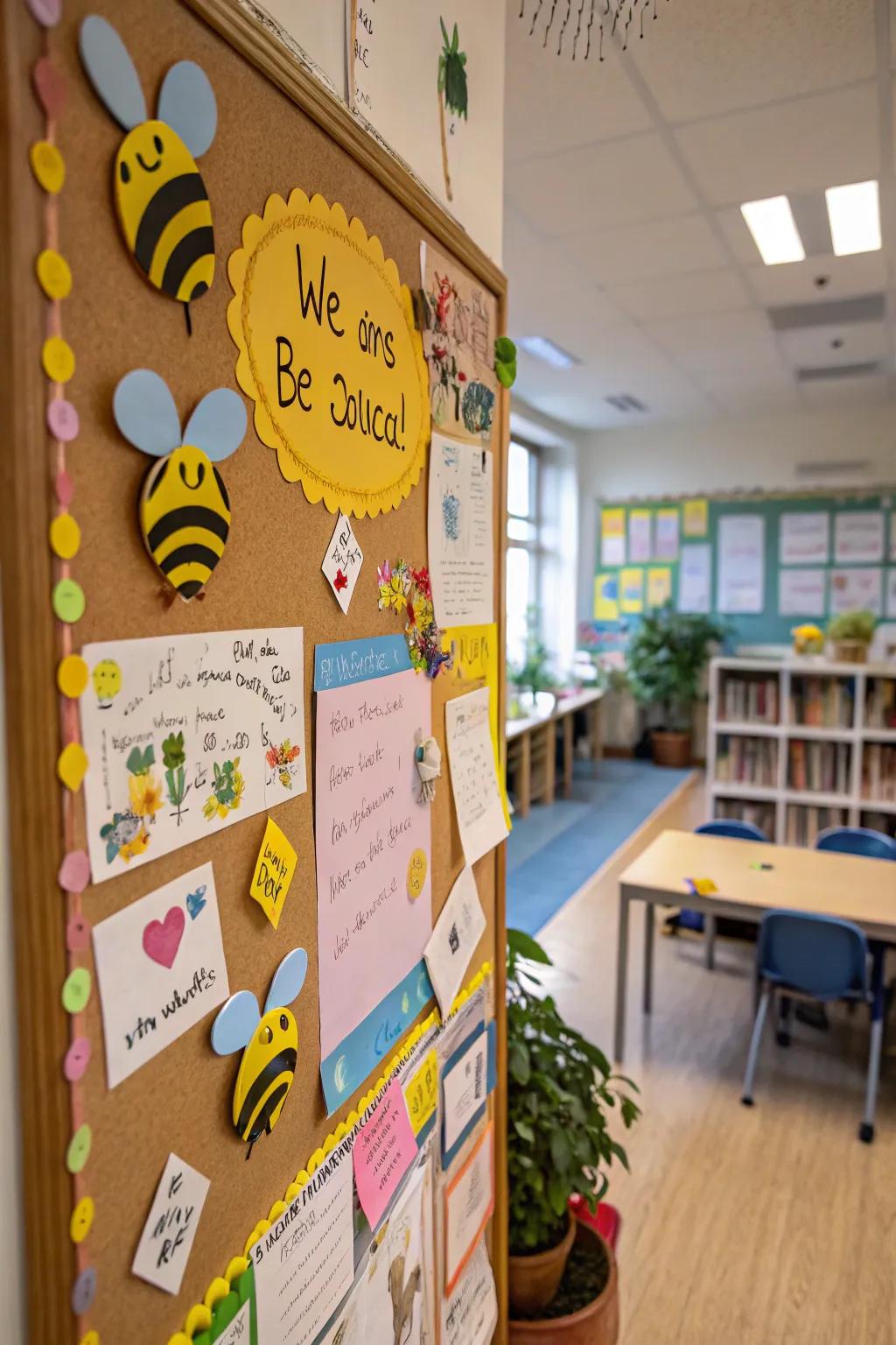 A positive-themed bulletin board with bees and uplifting messages to brighten the day.