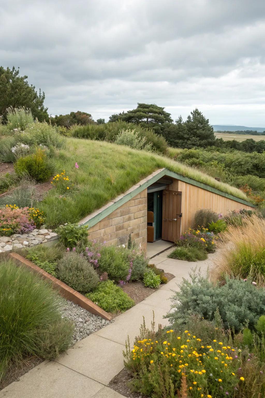 Natural blending makes your storm shelter a harmonious part of the garden.