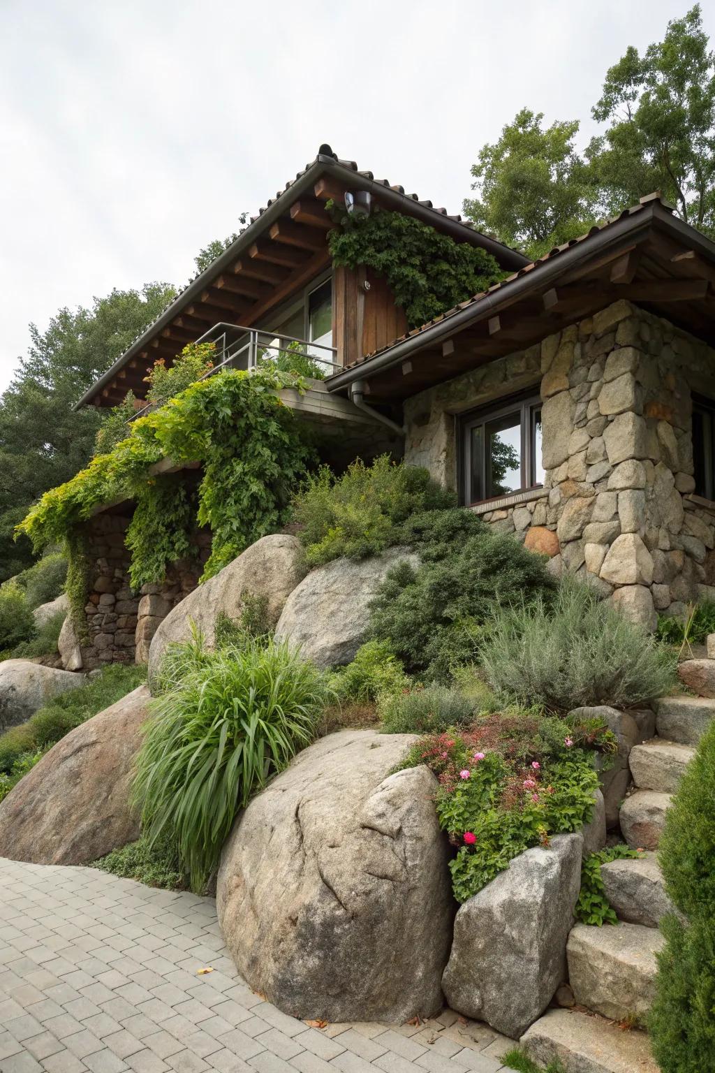 A house seamlessly integrated with natural rock formations.