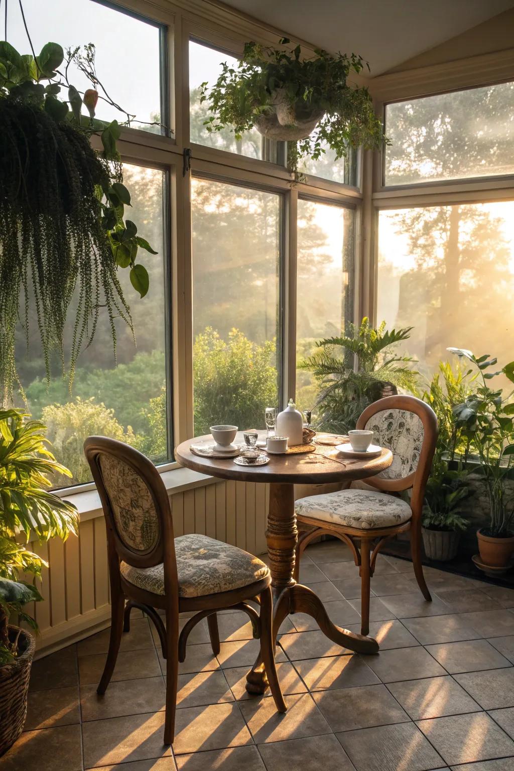 A breakfast nook transforms the sunroom into a delightful morning retreat.