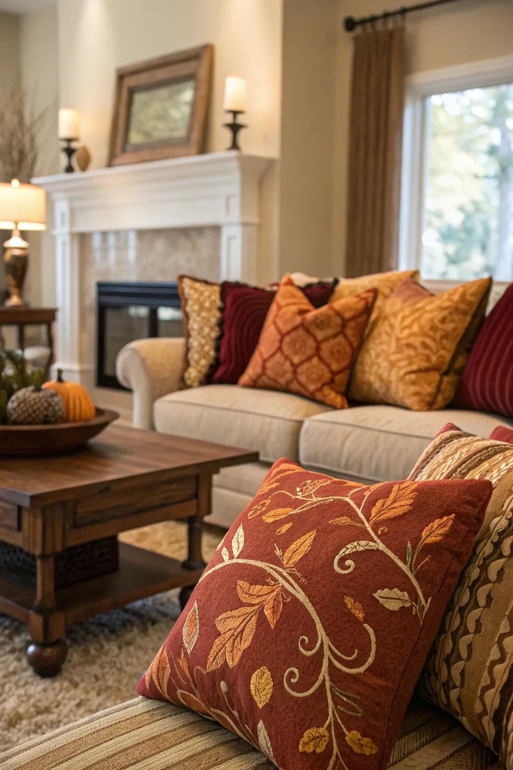 A seasonal shift spotlighting pillows in warm, autumnal colors.