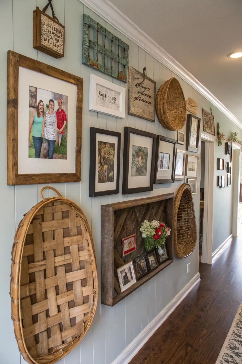 Add texture to your gallery wall with tobacco baskets.