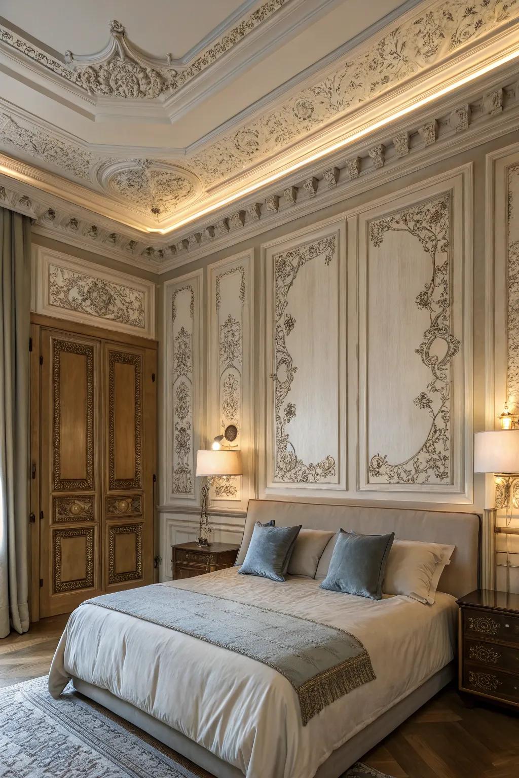 Ornamental moldings introduce architectural interest and depth.