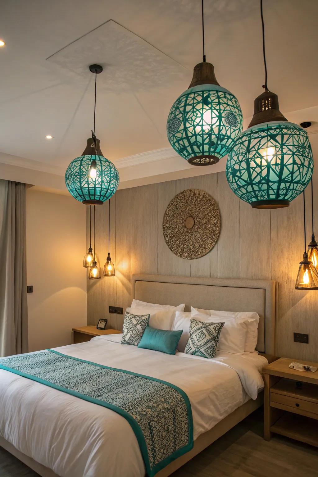 Turquoise lighting infuses this bedroom with a warm and inviting glow.