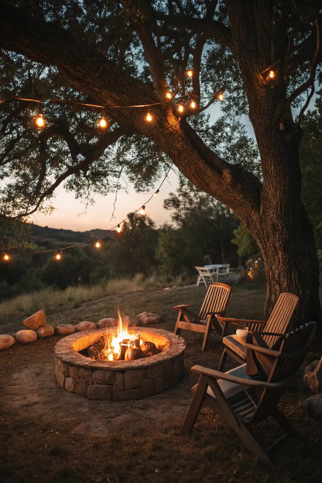 A fire pit creates a warm and inviting centerpiece under the tree.