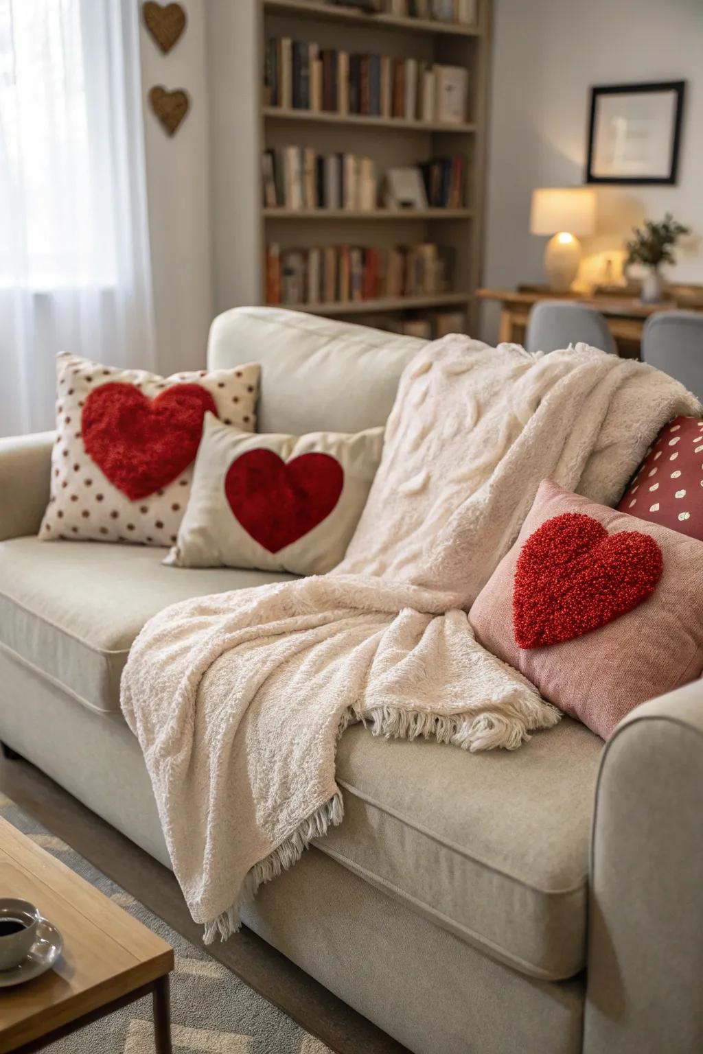 Add warmth and comfort with cozy heart-themed accents.