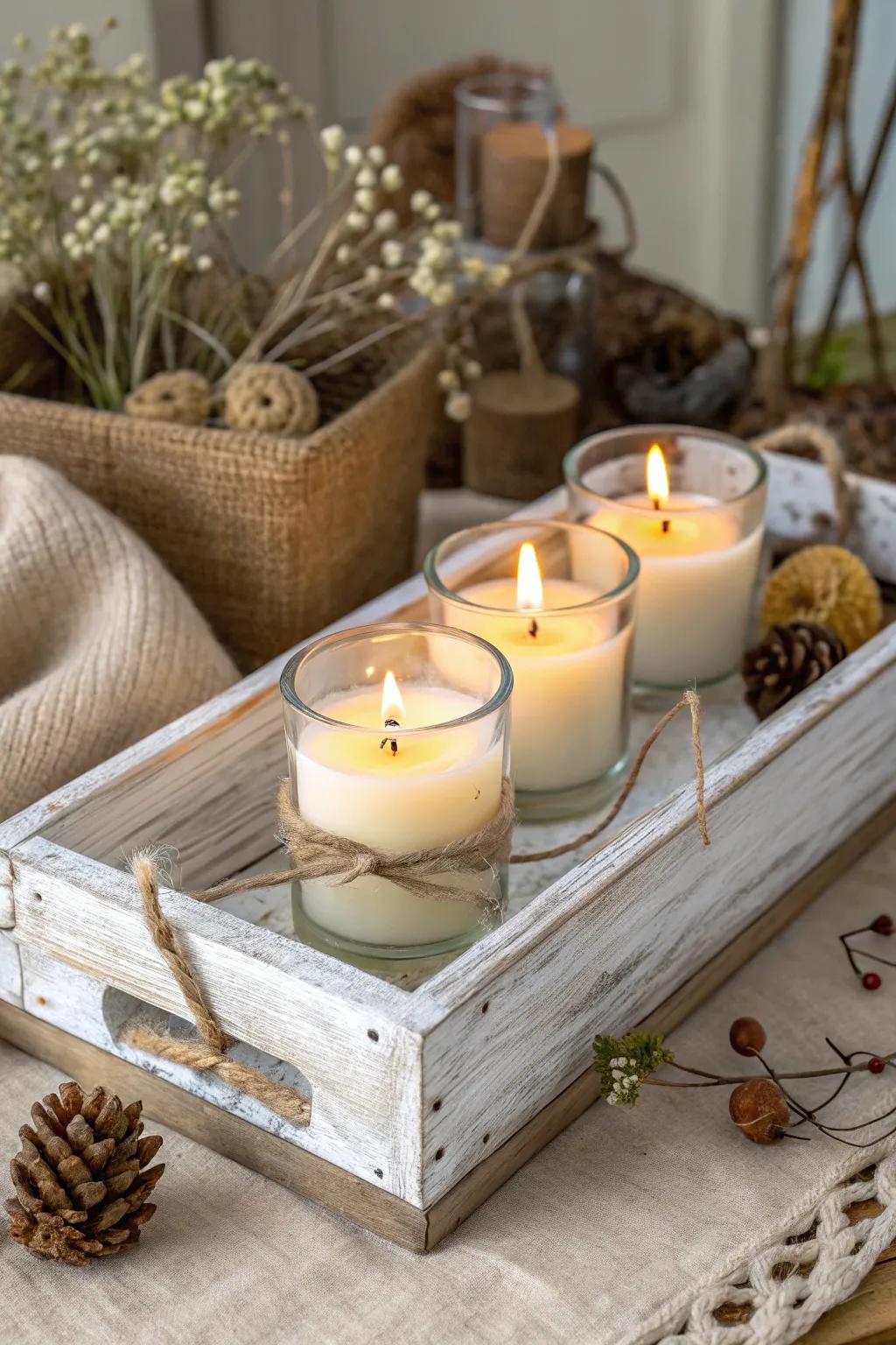 A wooden tray introduces countryside charm to votive light displays.
