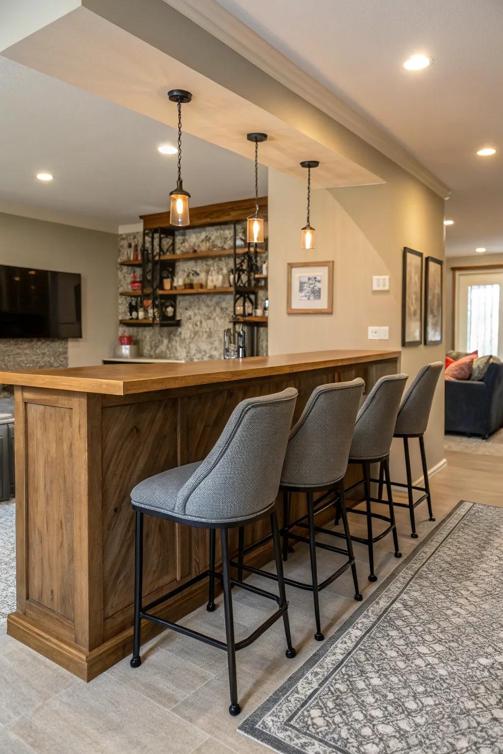 Bar stools add comfort and encourage social gatherings around your wall bar.