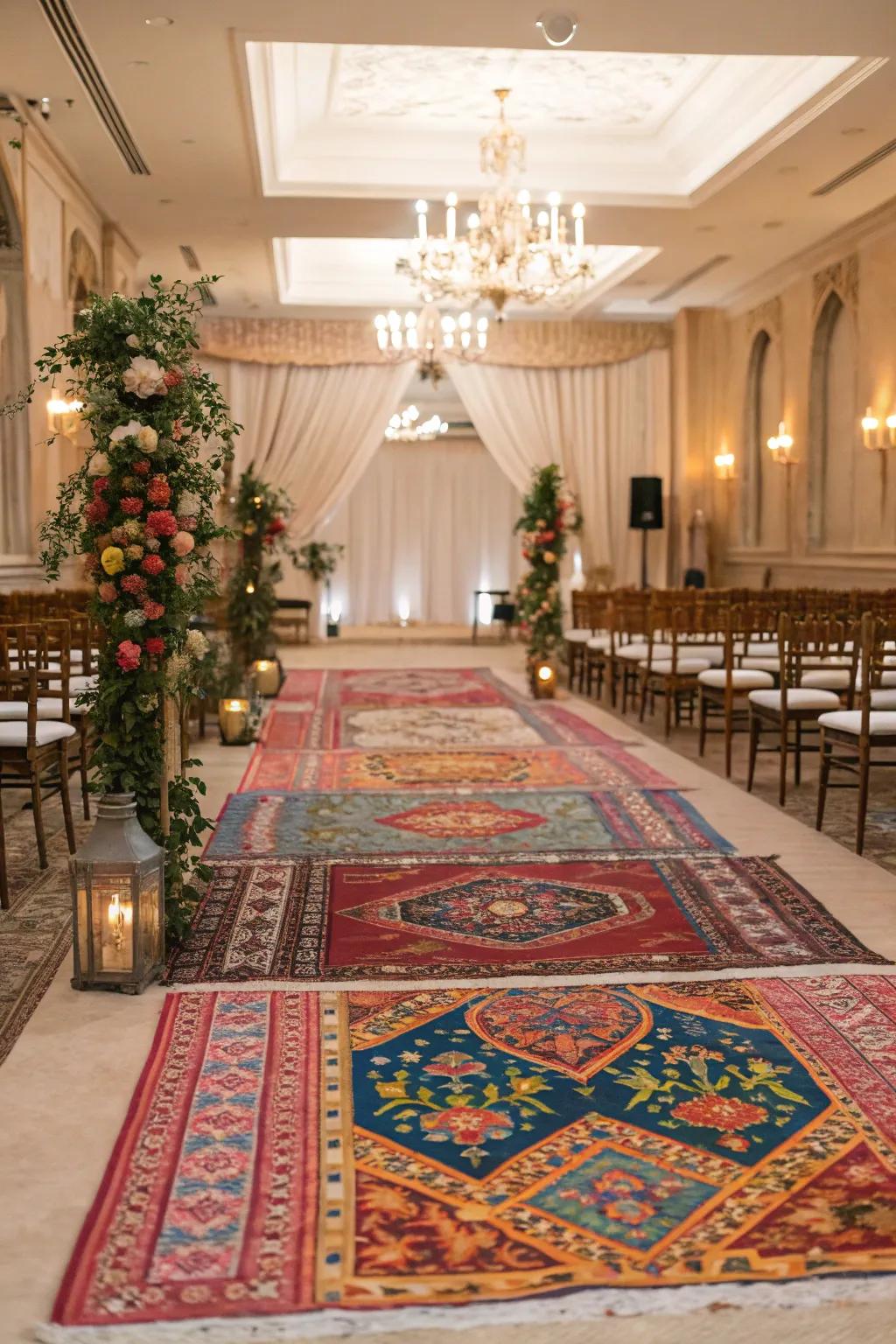 Vintage rugs add warmth and style to a wedding ceremony.