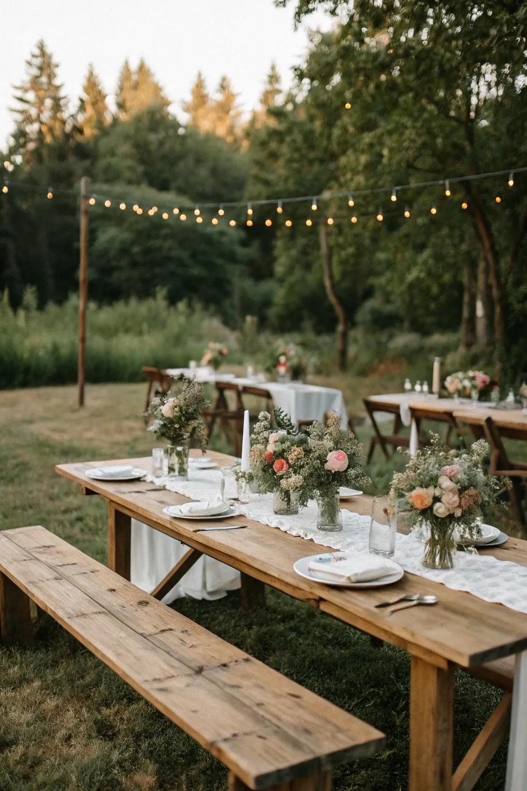 Outdoor settings offer a rustic charm perfect for weddings.