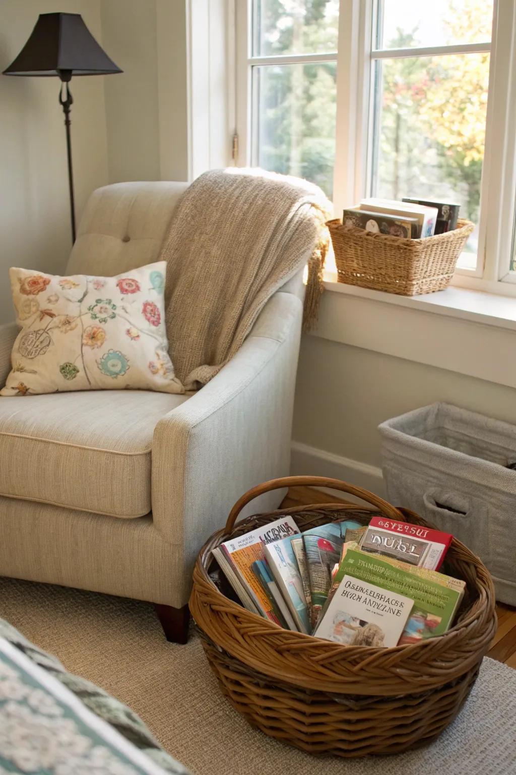 Create a reading nook with a basket filled with your favorite magazines and books.