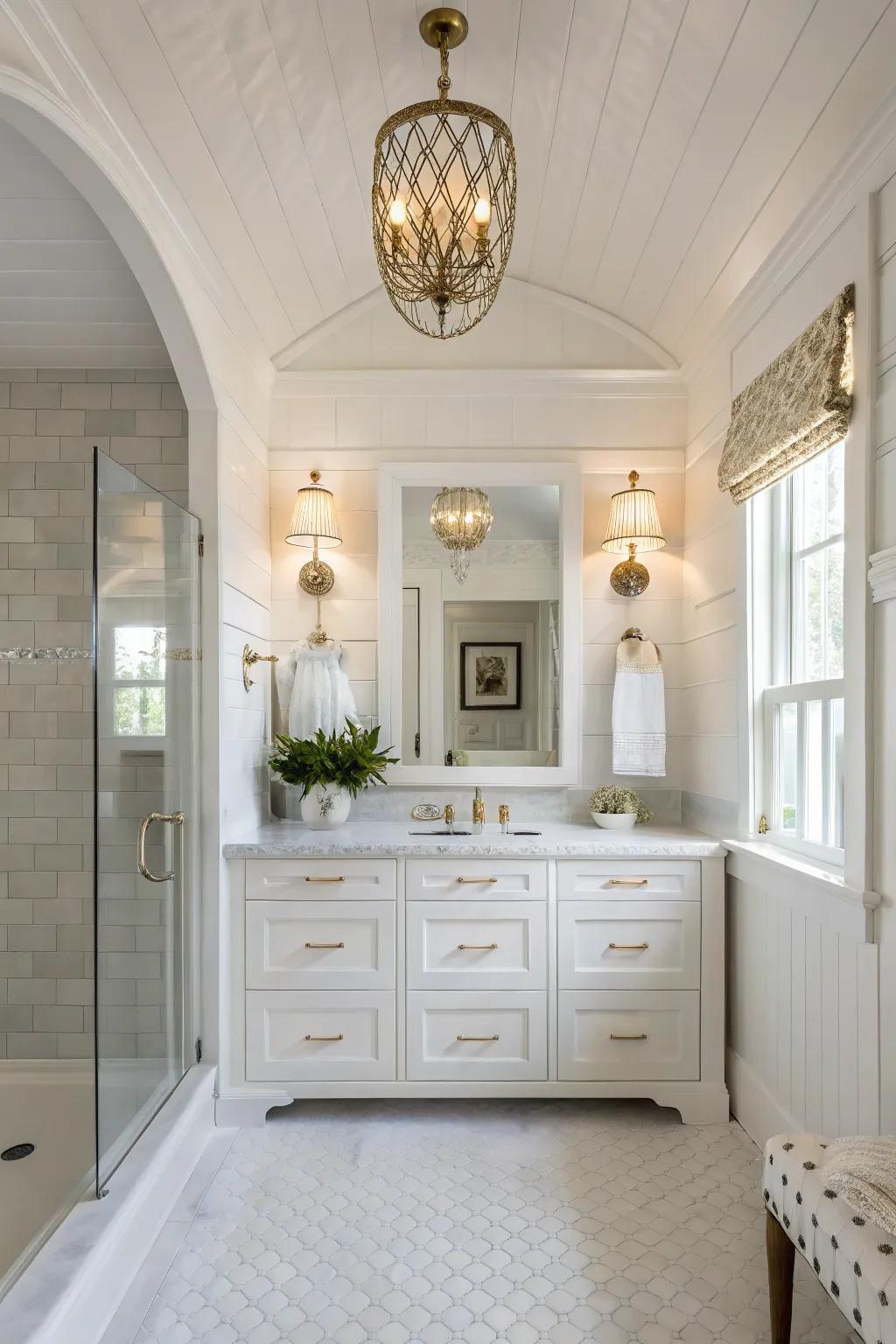 Delicate decorative details elevate the elegance of this white bathroom.