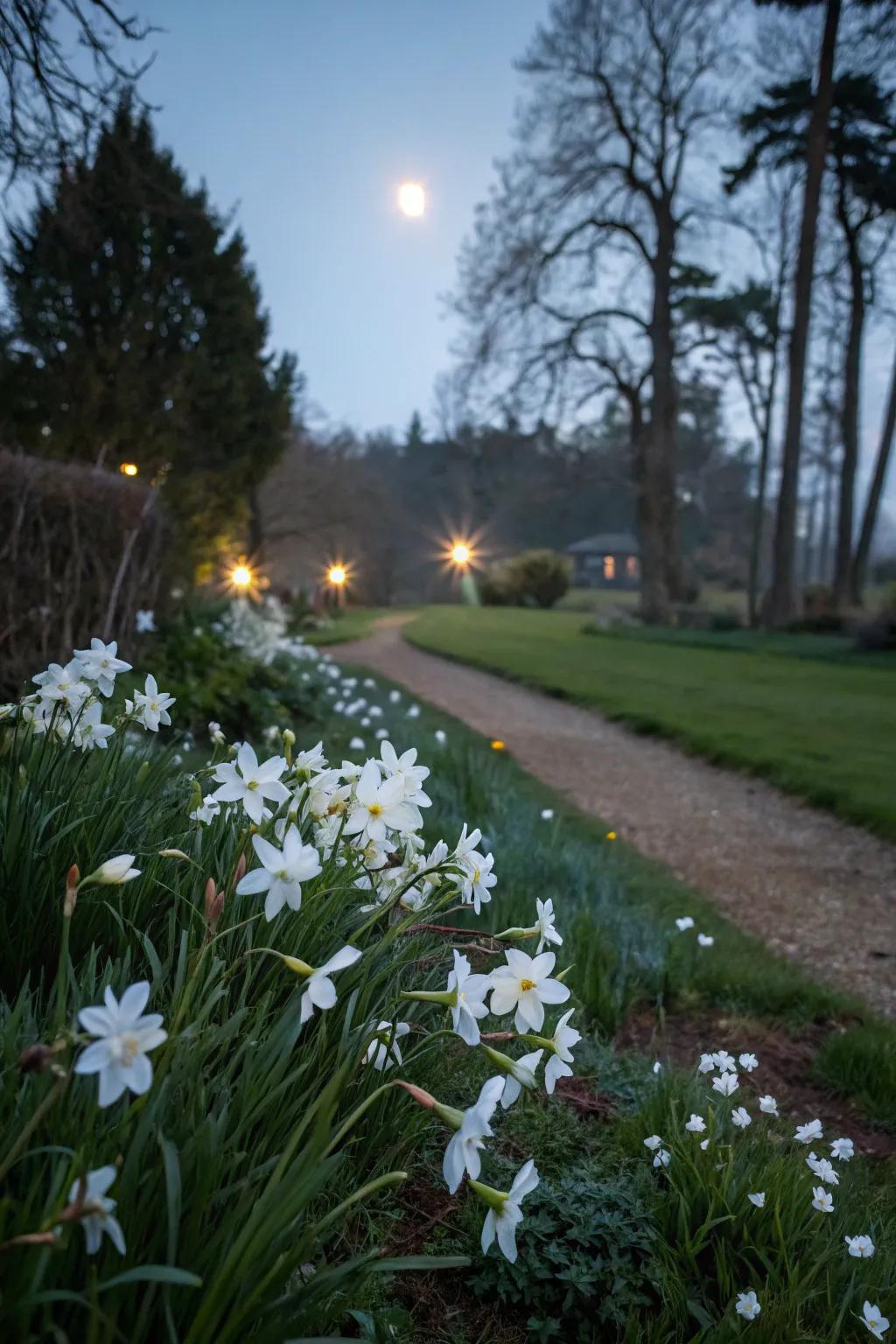 White flora radiate beautifully in moon glow, crafting a captivating garden spectacle.
