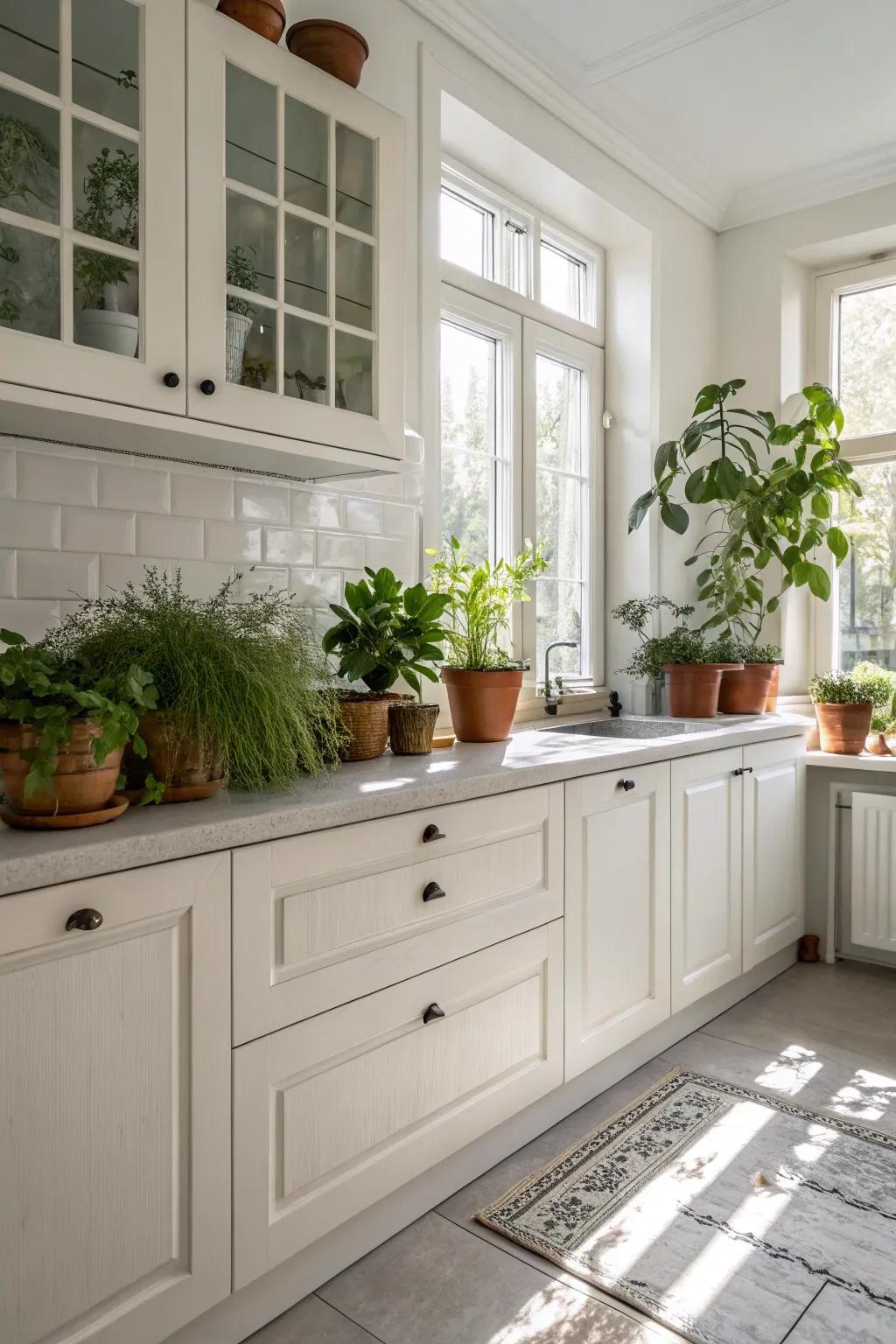 Natural elements bring warmth and life to white kitchen cabinets.