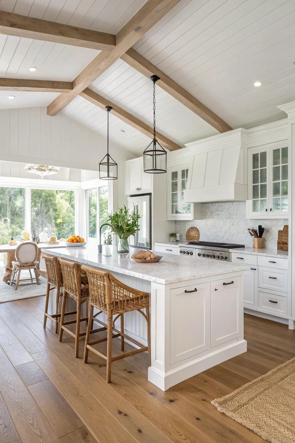 Natural timber features bring warmth to the white kitchen.