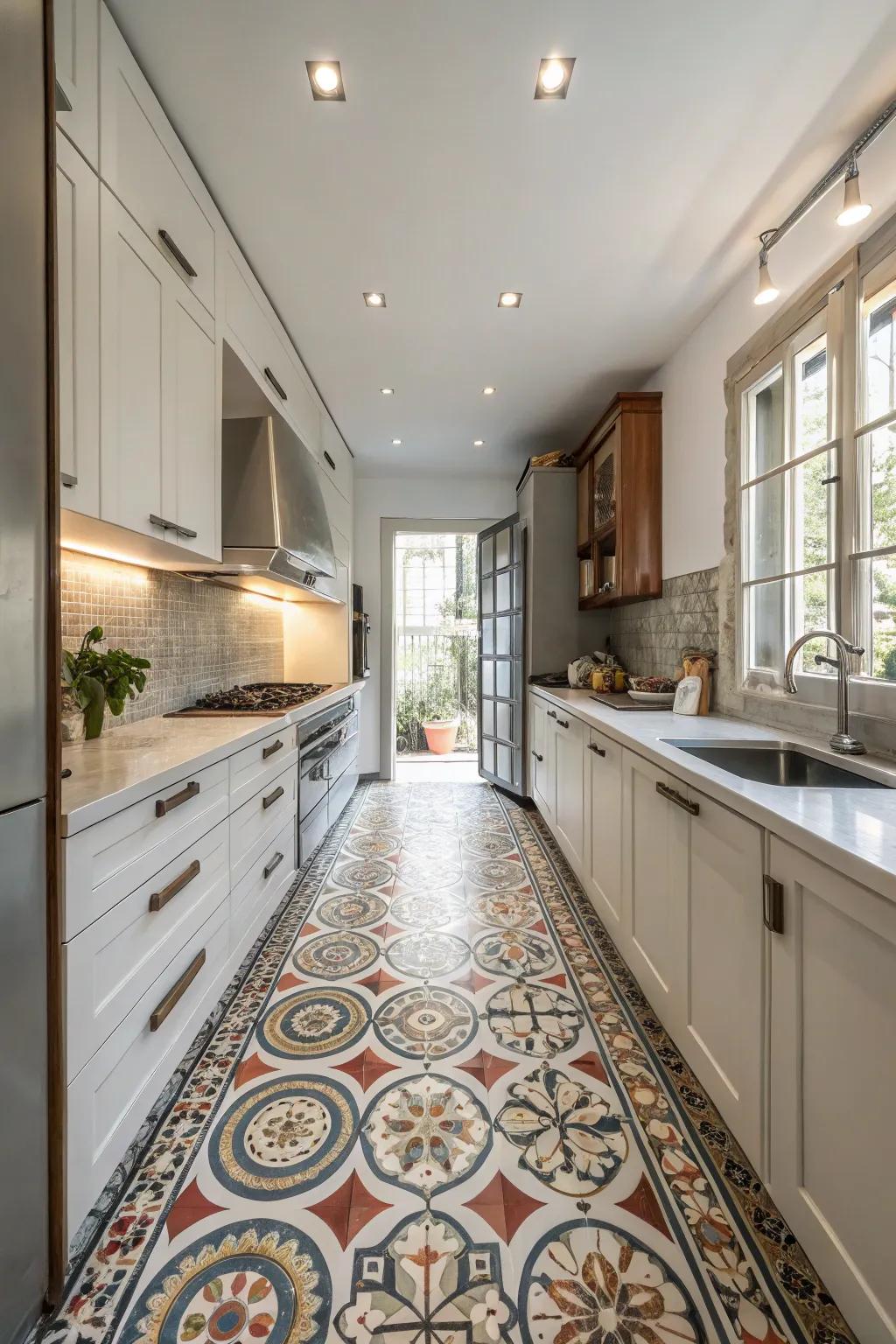 Bold flooring choices adding character to a wide galley kitchen.