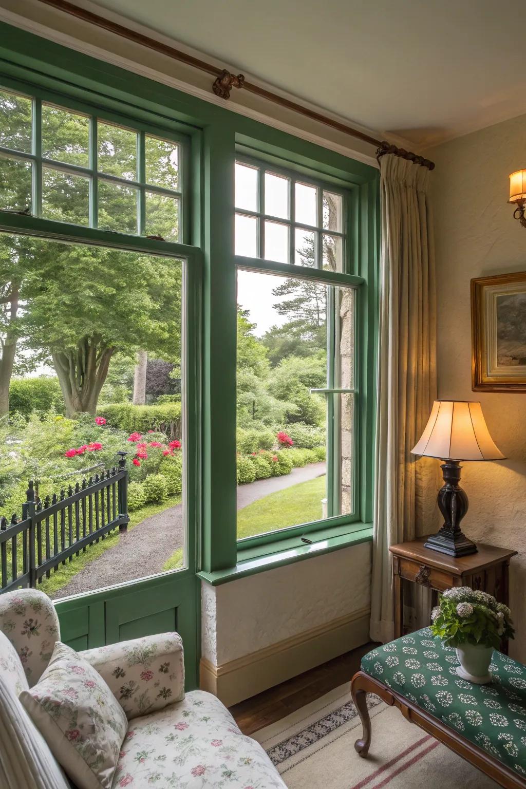 Woodland green trim transports the outdoor atmosphere indoors.