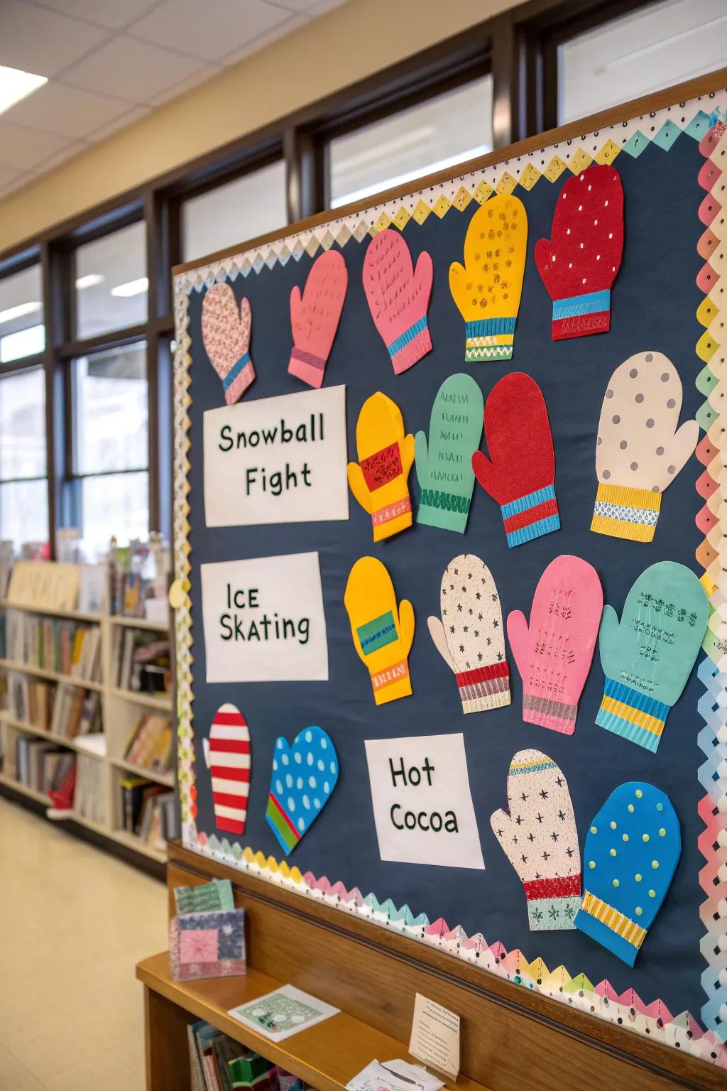 A mitten display filled with students' favorite winter activities adds a personal touch.