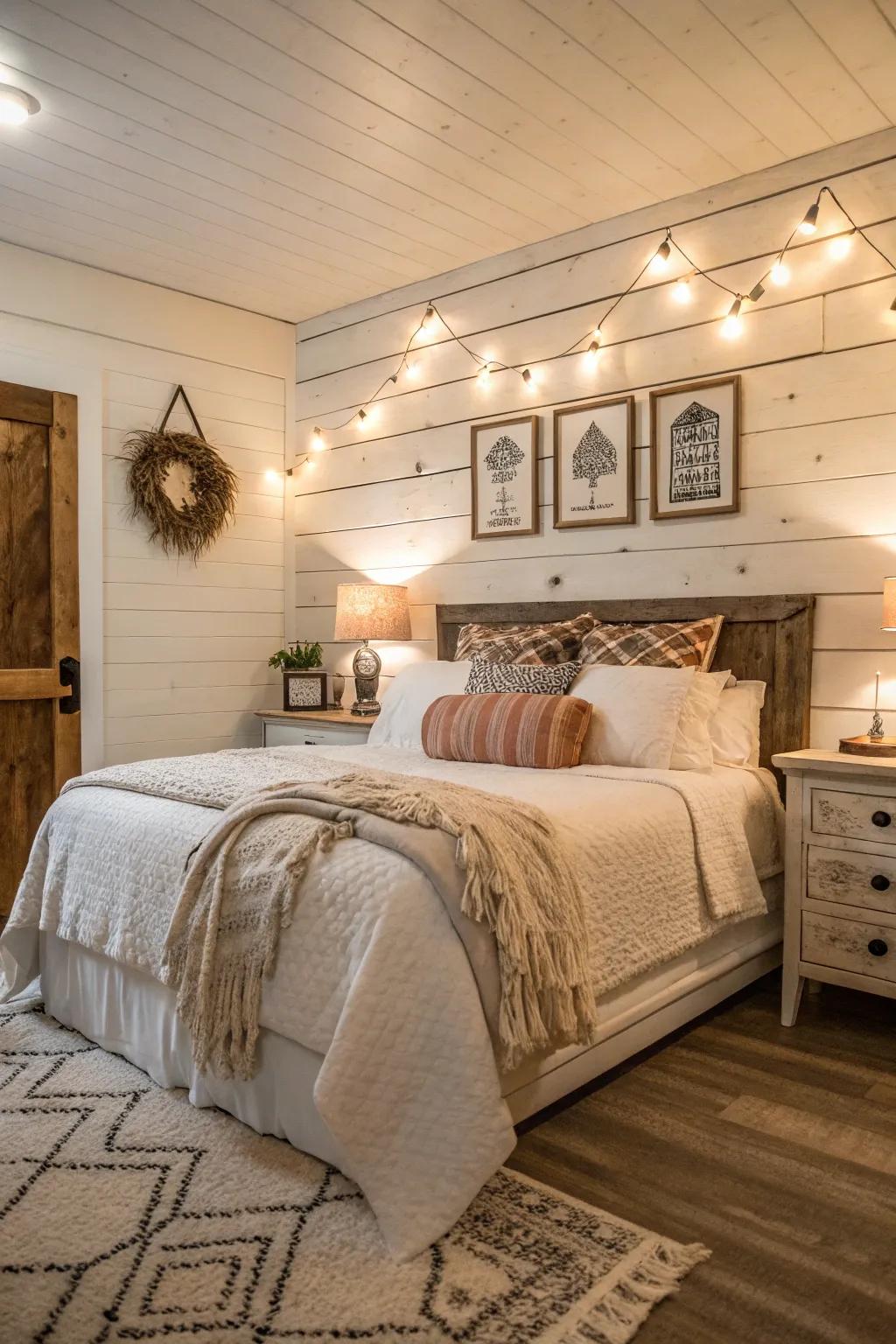 Shiplap on the accent wall creates texture and a cozy rustic feel.