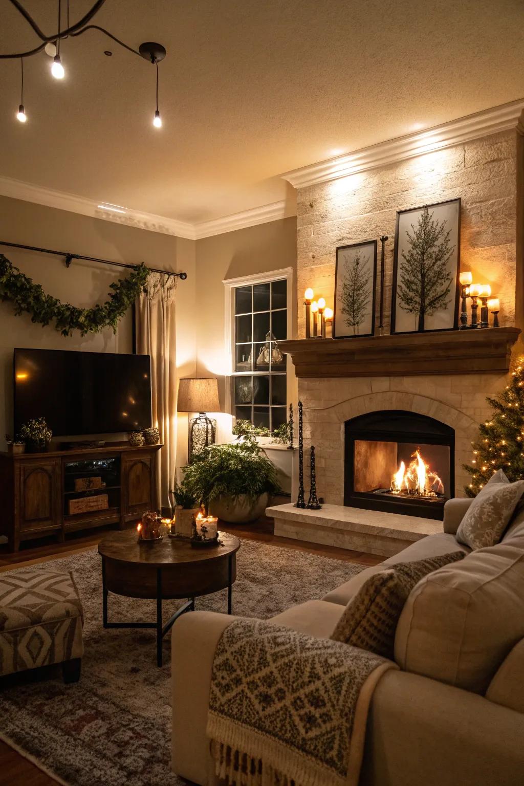 Ambient lighting enhances the fireplace's architectural appeal.