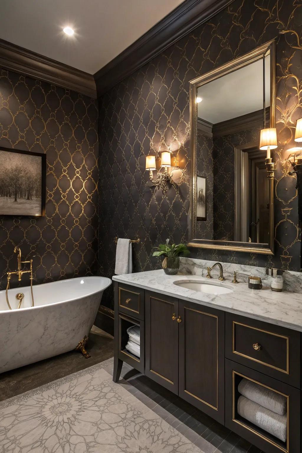 A moody wallpaper transforms the bathroom into a luxurious retreat.