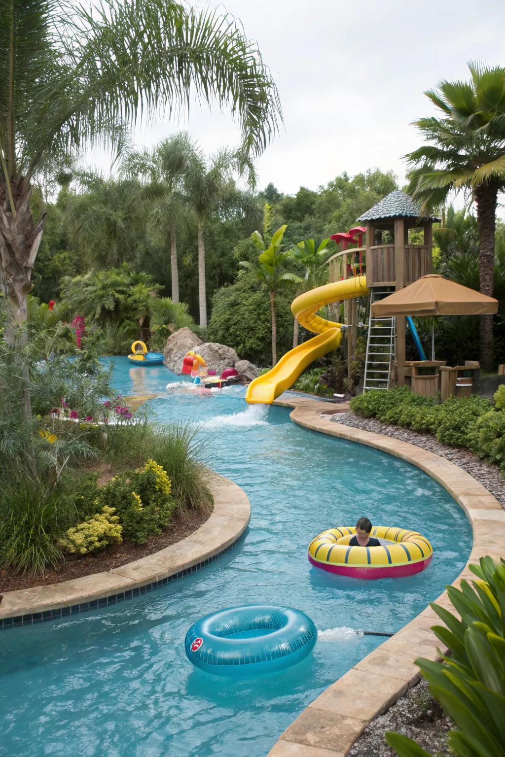 A playful lazy river pool with a slide for endless fun.