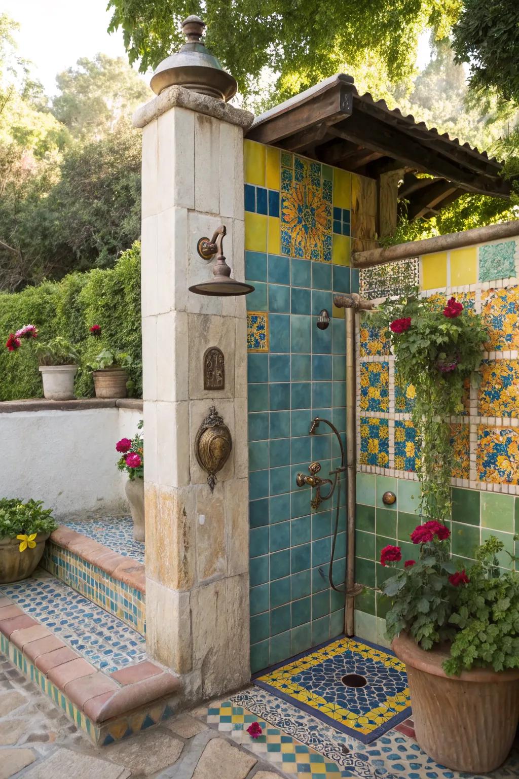 A bohemian outdoor shower with vibrant tiles and vintage charm.