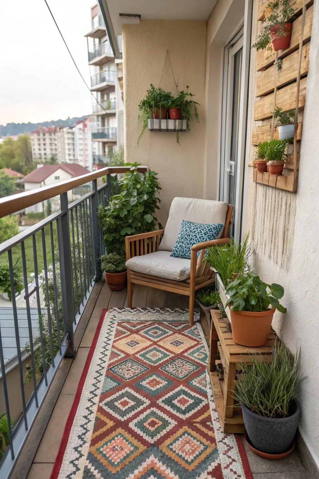 An outdoor rug adds definition and warmth to your balcony setup.