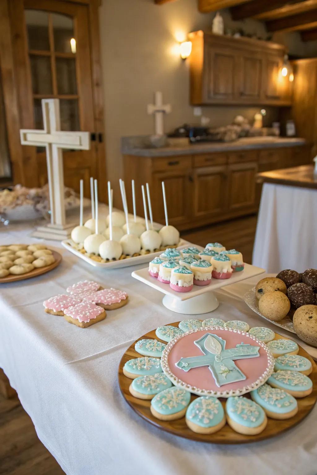 Coordinated cake pops and cookies complement the main cake.