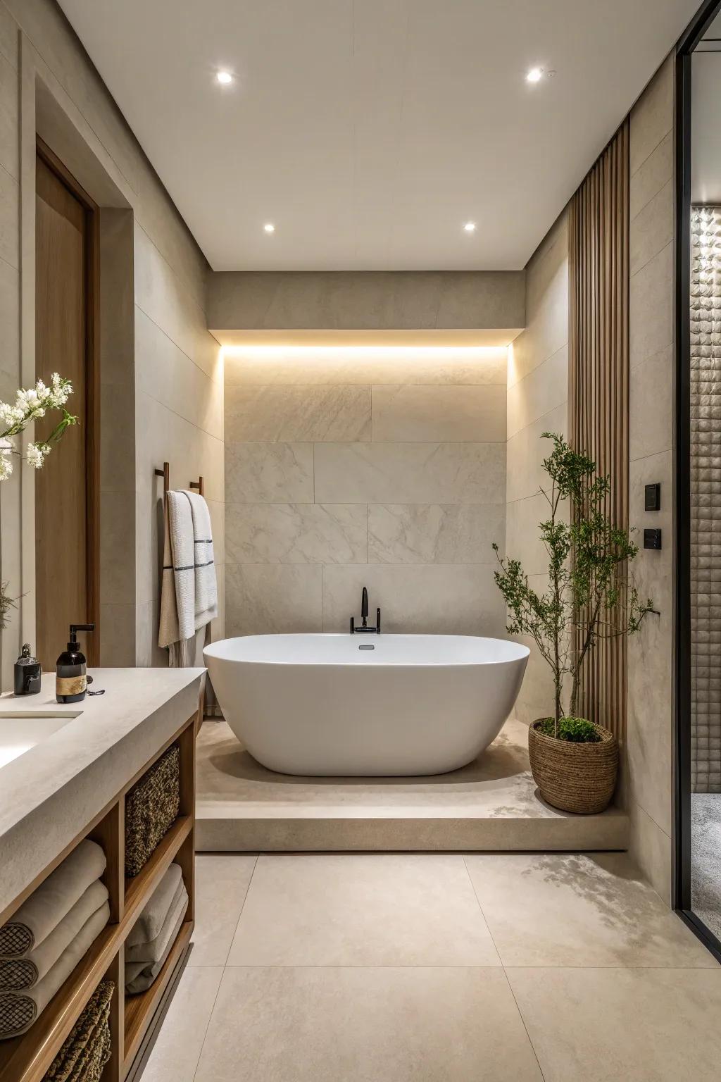 A minimalist bathroom that embraces simplicity with a sleek tub design.