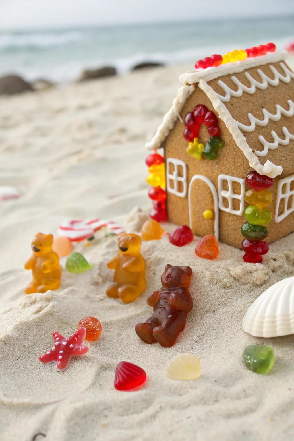 Gummy bears add a fun and playful touch to the beach scene.