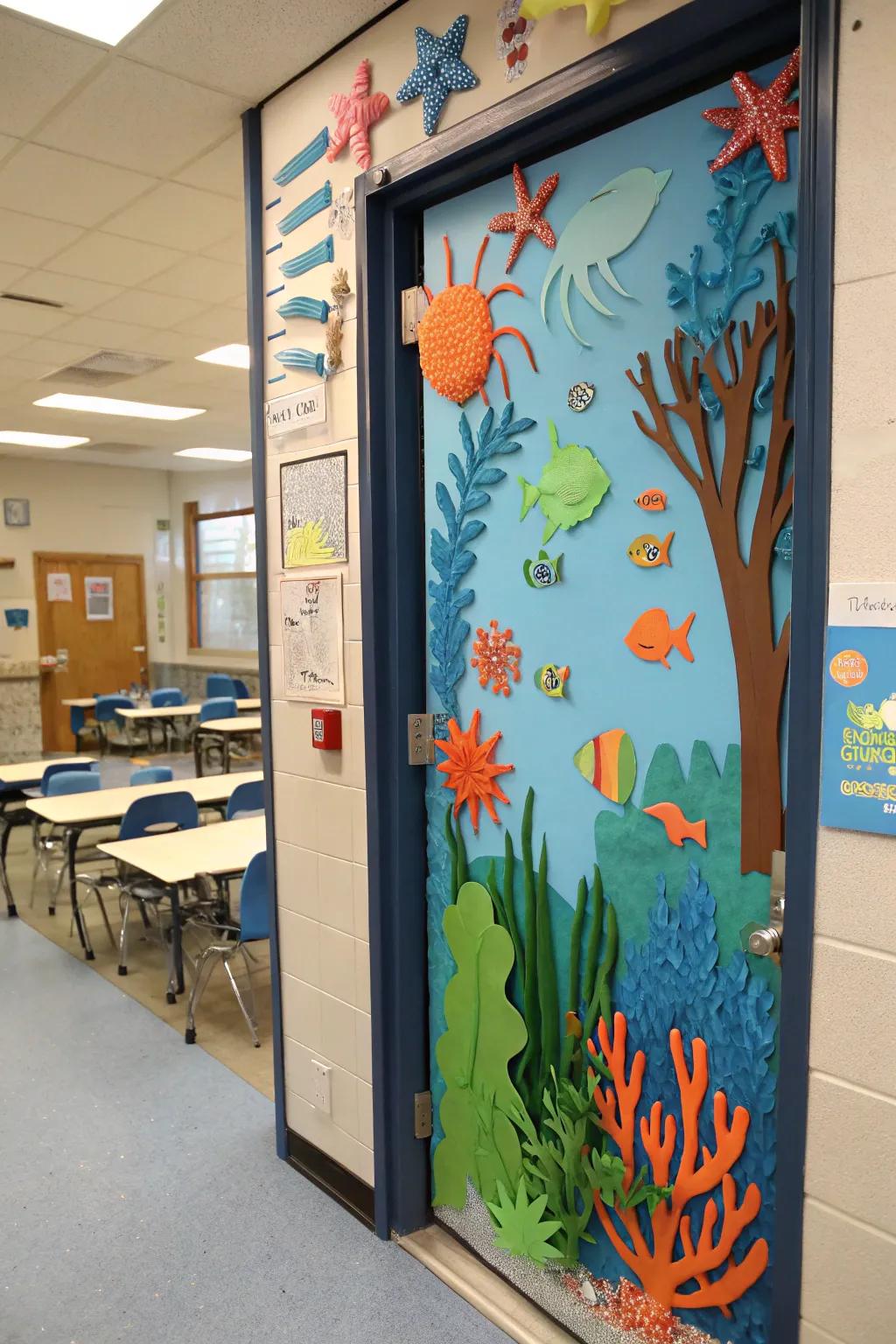 Classroom door with a vibrant coral reef crafted from paper.