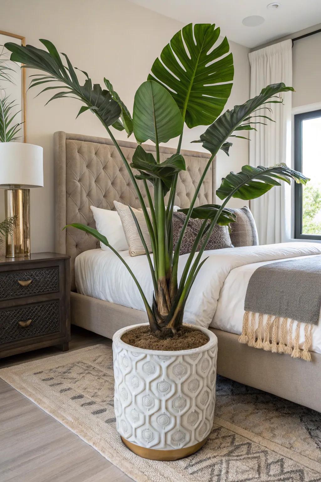 A commanding plant transforms your bedroom into an opulent retreat.