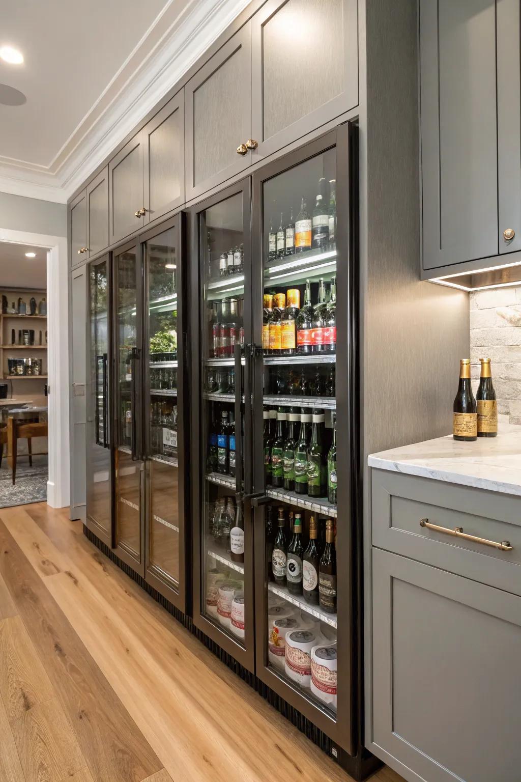 Custom-built kitchen cabinets designed for beer bottle holding.
