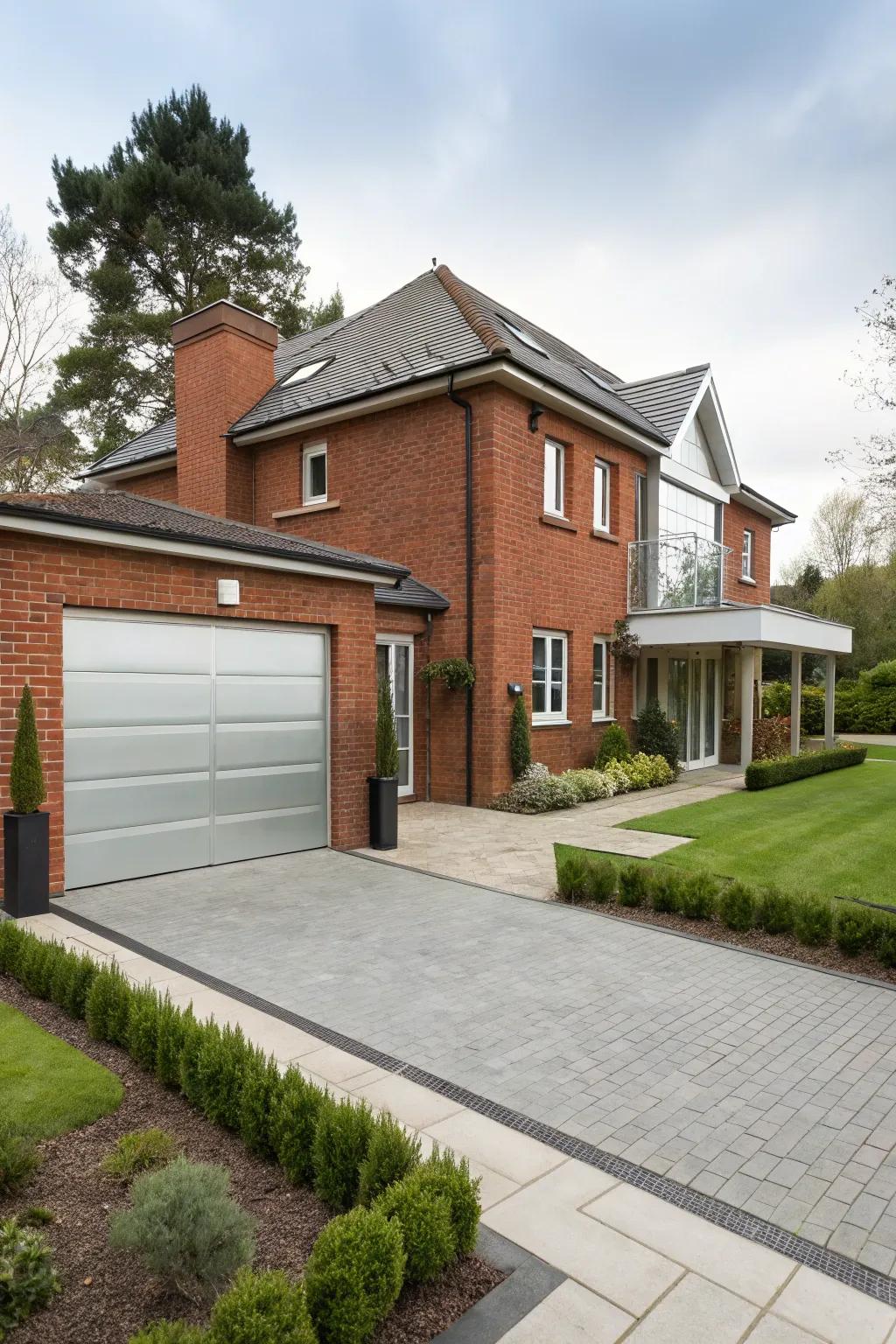 Silver garage doors give red brick houses a sleek, contemporary feel.