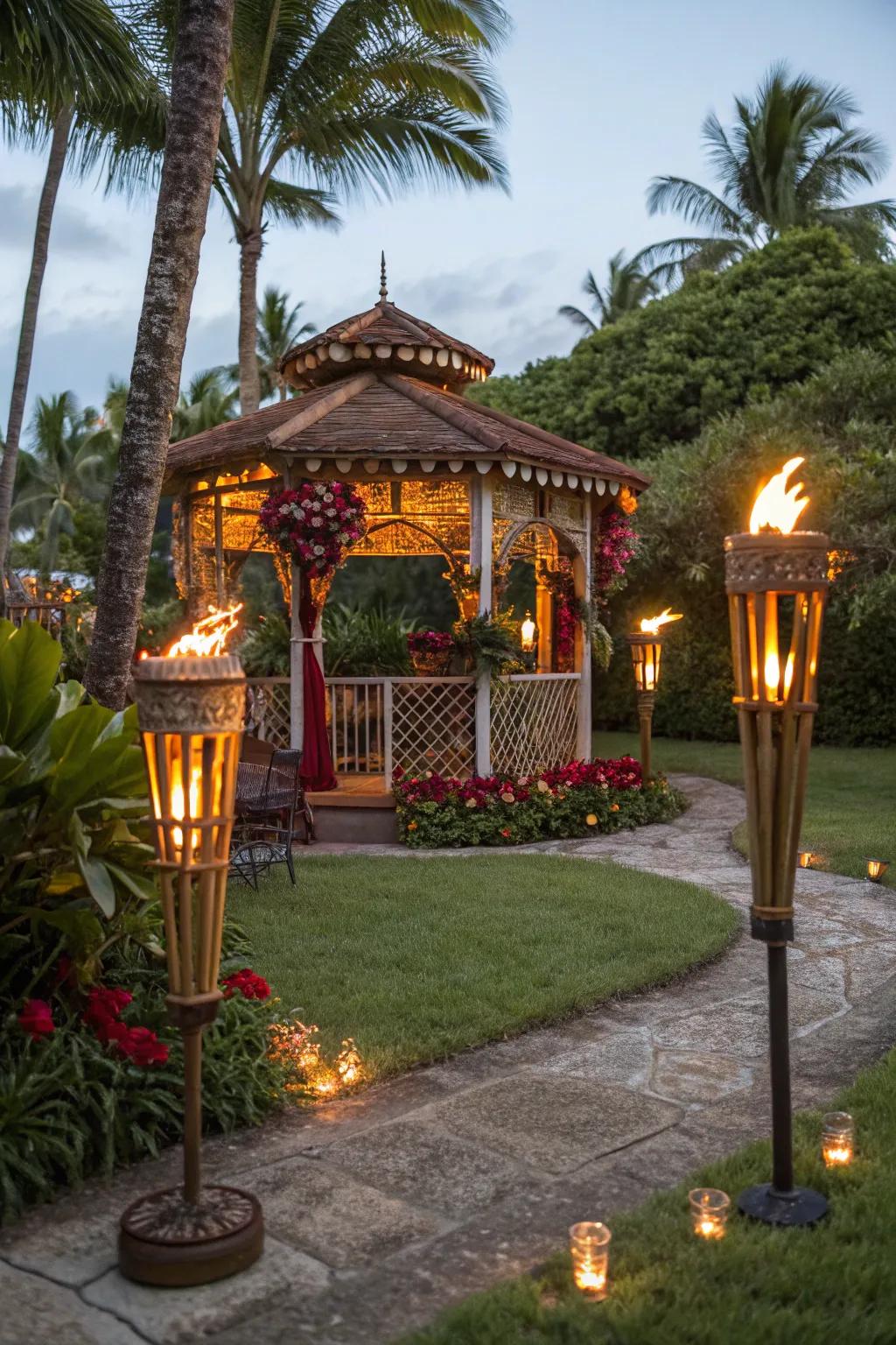 Tiki torches provide a warm, tropical vibe perfect for summer nights.