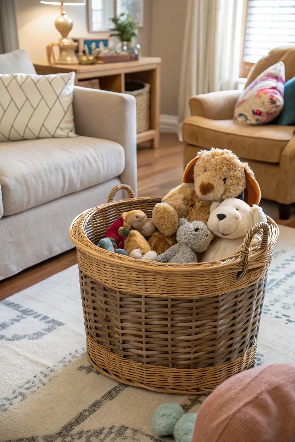 Wicker baskets are stylish and functional for keeping toys.