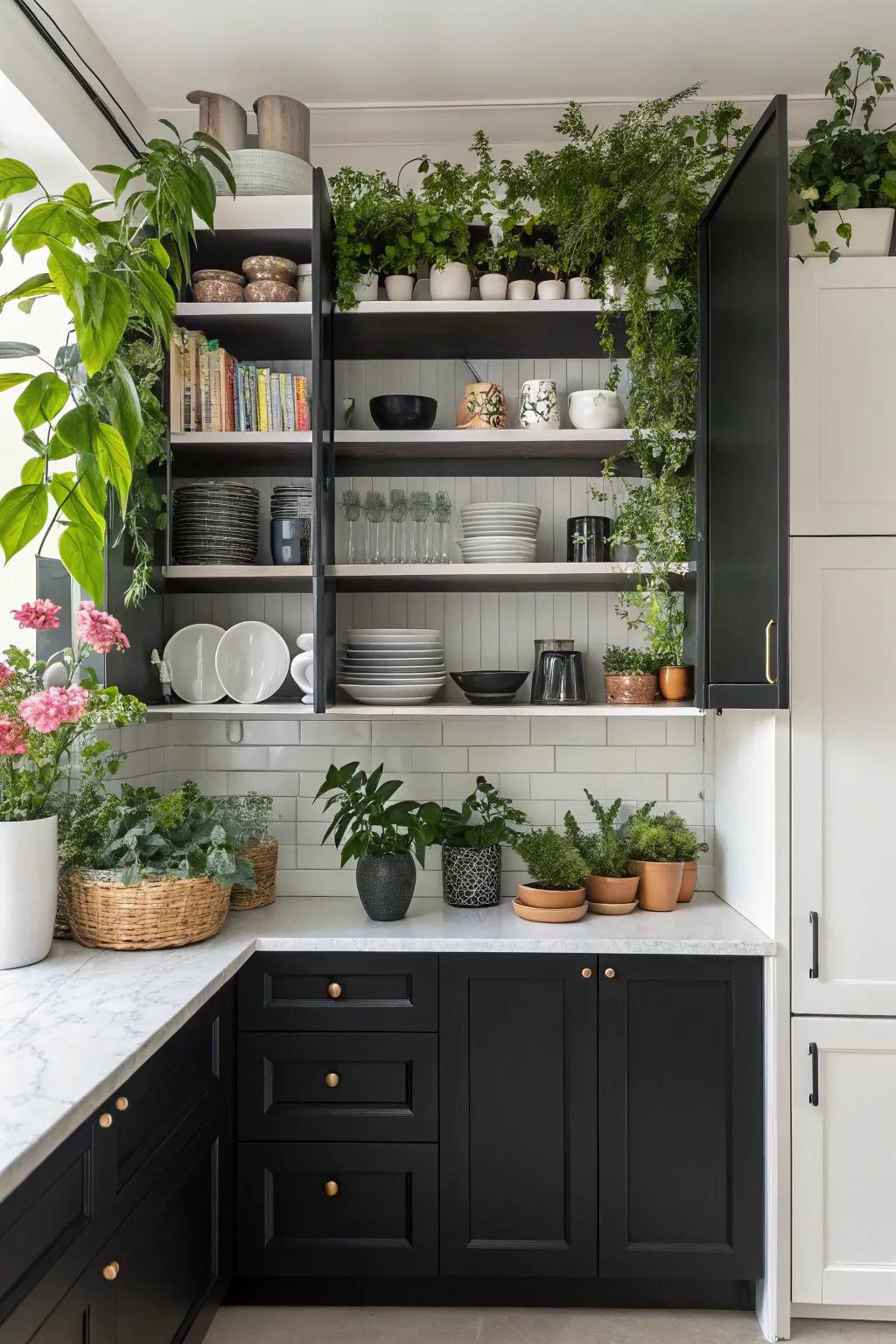 Open shelving displays personal touches in this kitchen.