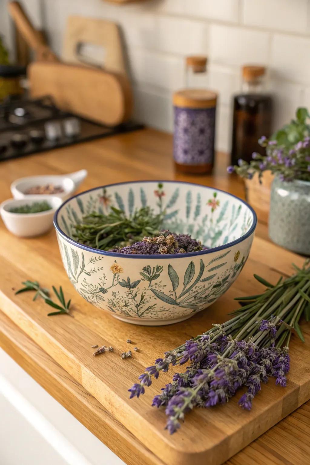 A decorative bowl filled with aromatic herbs like dried lavender