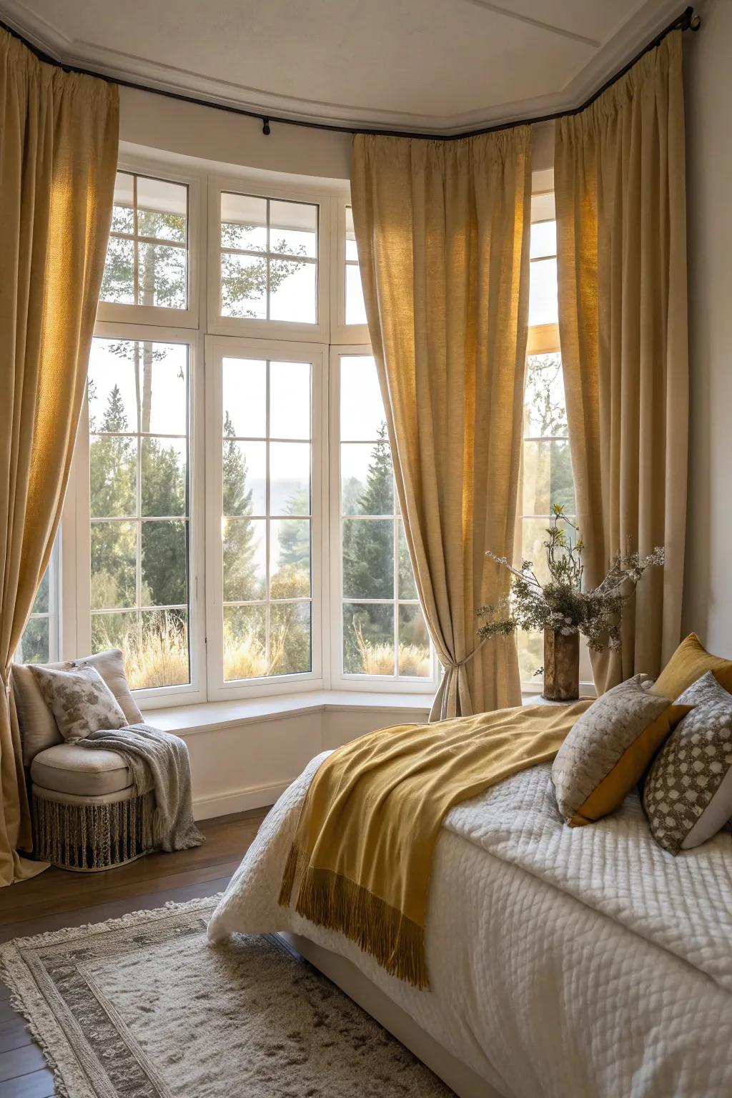 Gold curtains add elegance and warmth to the space.