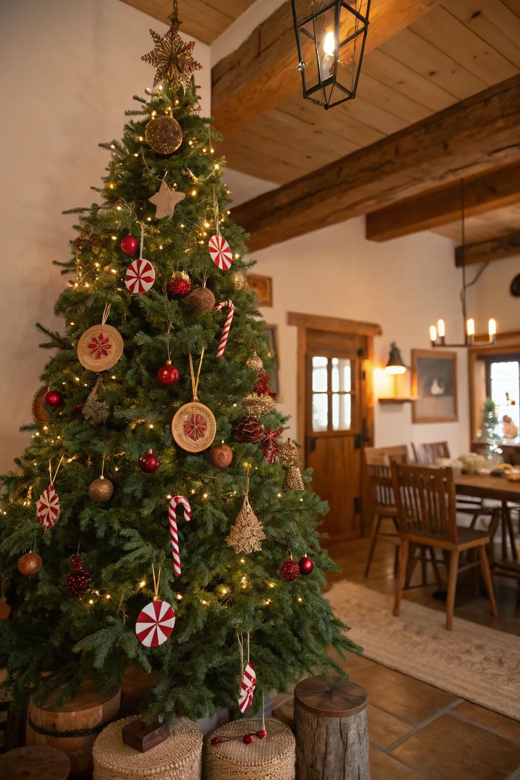 Rustic charm meets candy cane elegance on this tree.