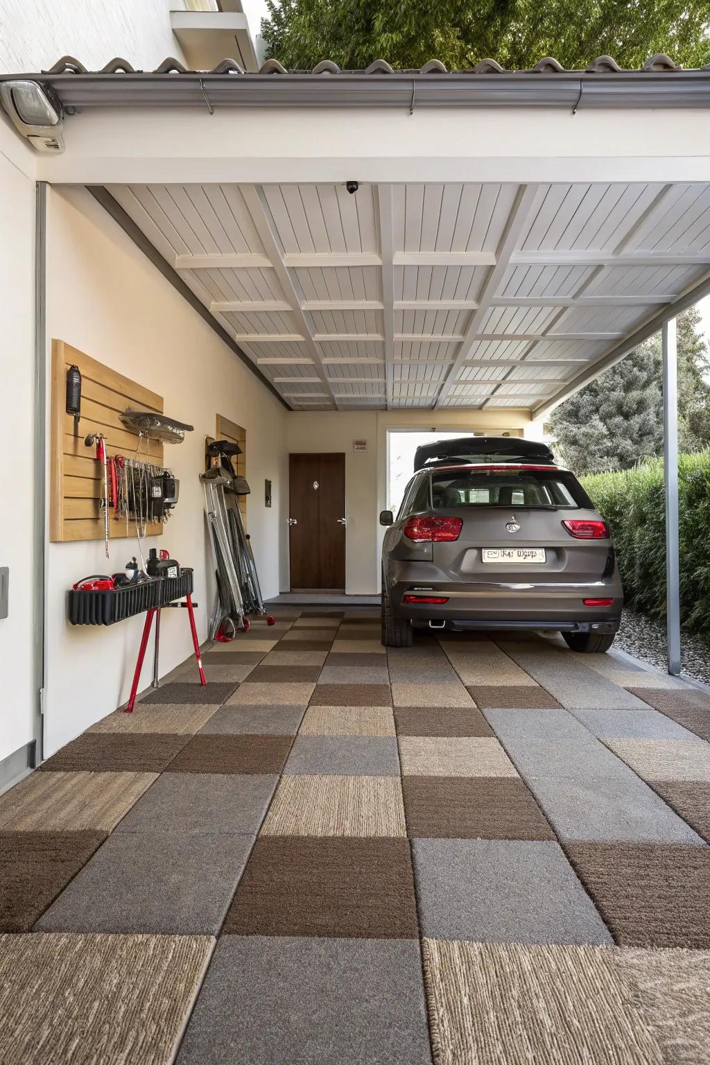Carpet tiles lend warmth and comfort to your carport.