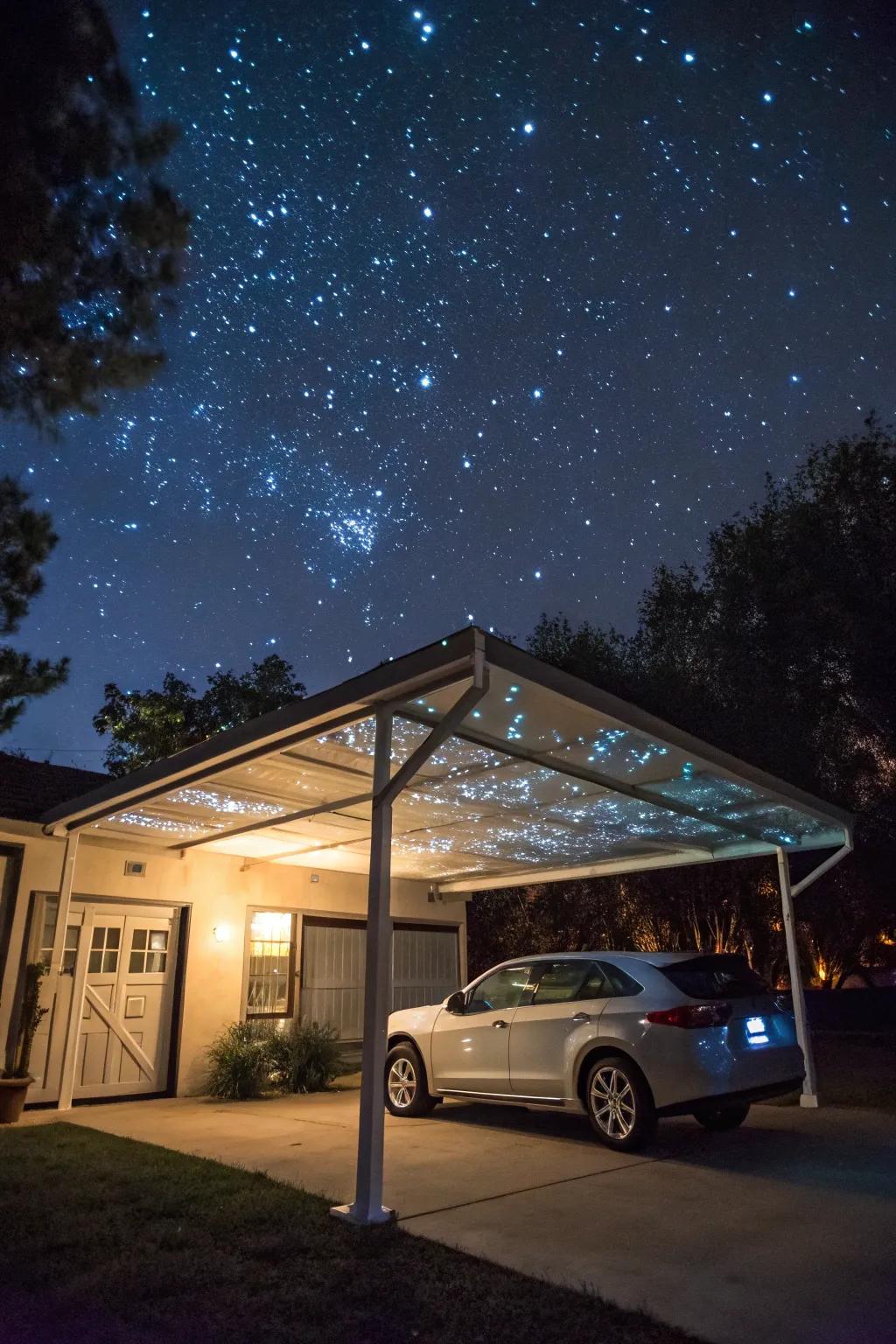 A starry projection adds a cosmic touch to your carport.