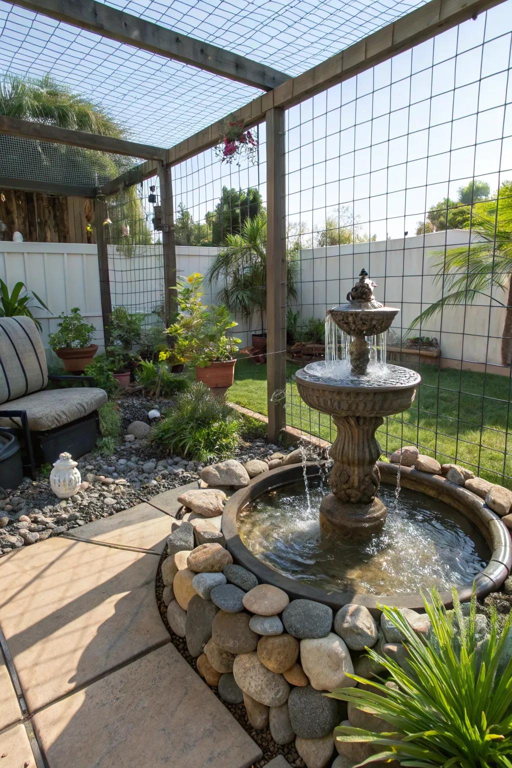 A peaceful water feature in a catio, delivering visual and auditory excitement for cats.
