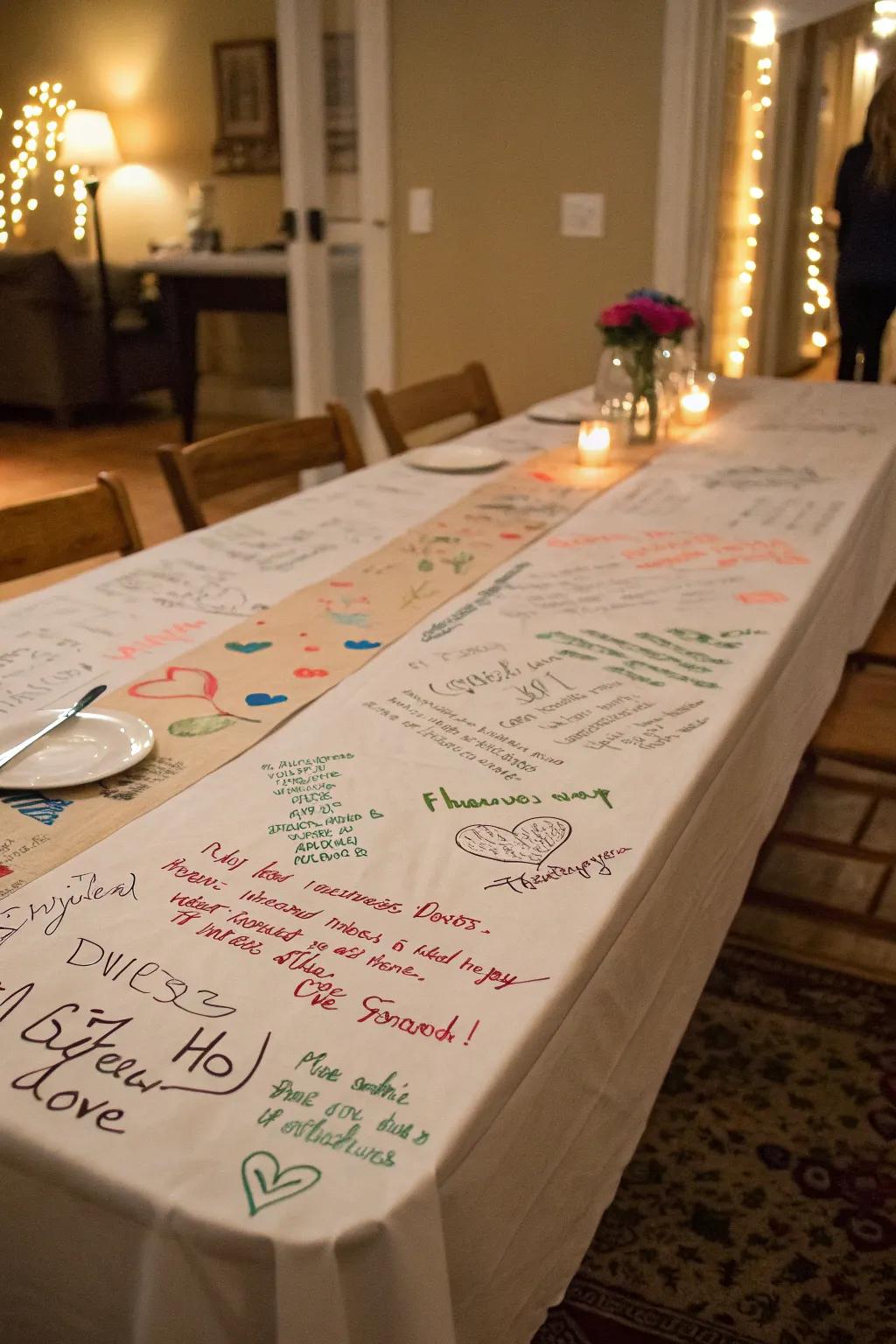 Interactive table runners invite guests to leave personal messages.