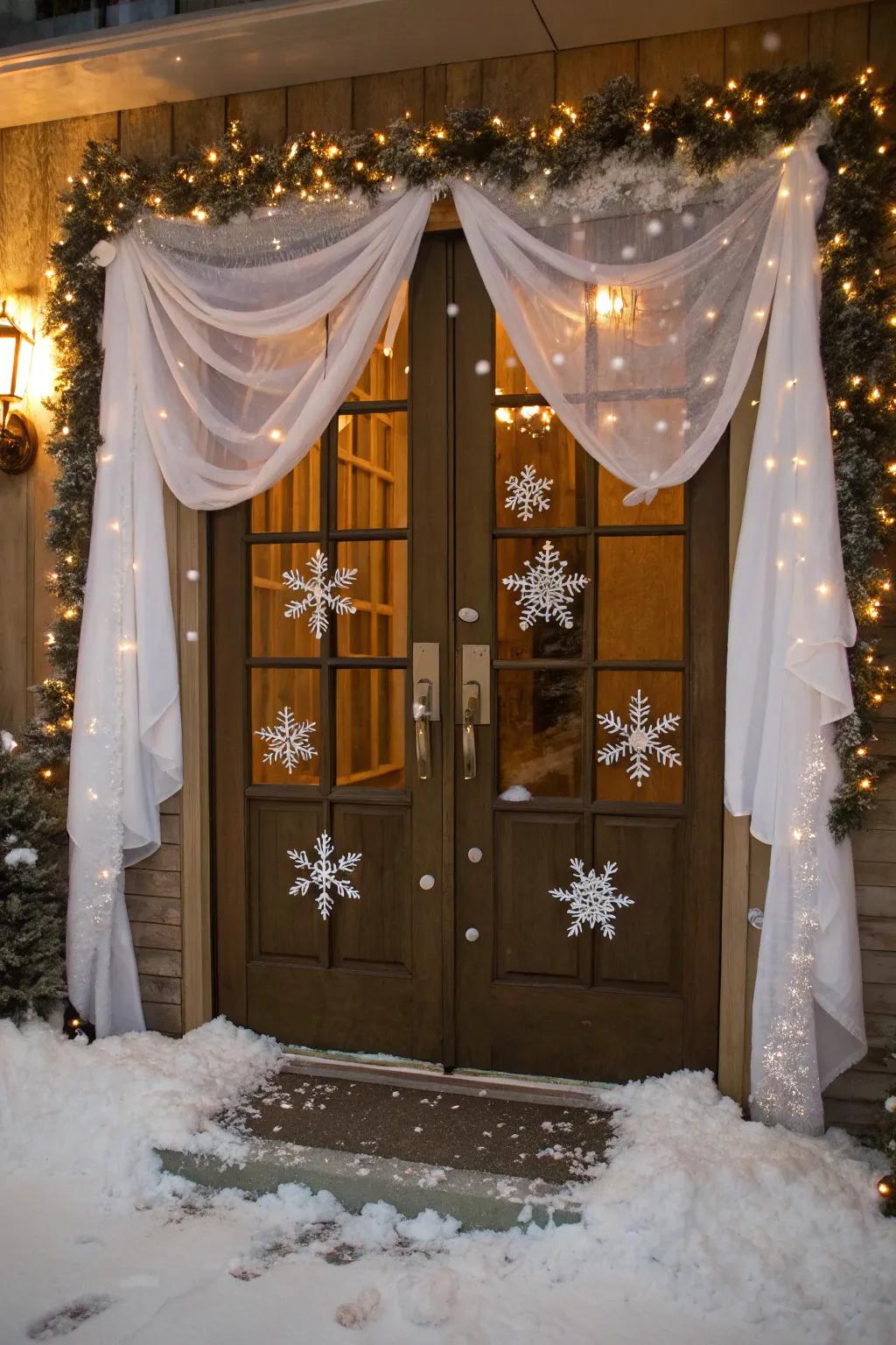 A winter wonderland scene adds dreamy elegance to this door.